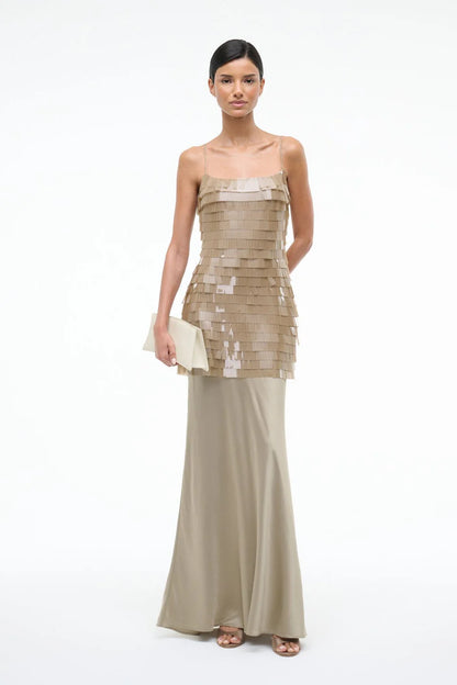 Elegant Taupe Tiered Fringe Maxi Dress with Satin Skirt, Evening Dresses