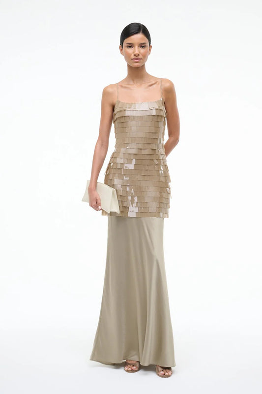 Elegant Taupe Tiered Fringe Maxi Dress with Satin Skirt, Evening Dresses
