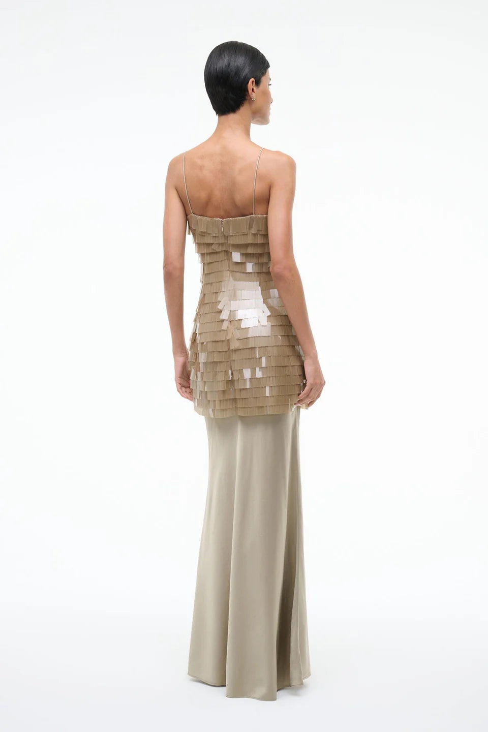 Elegant Taupe Tiered Fringe Maxi Dress with Satin Skirt, Evening Dresses