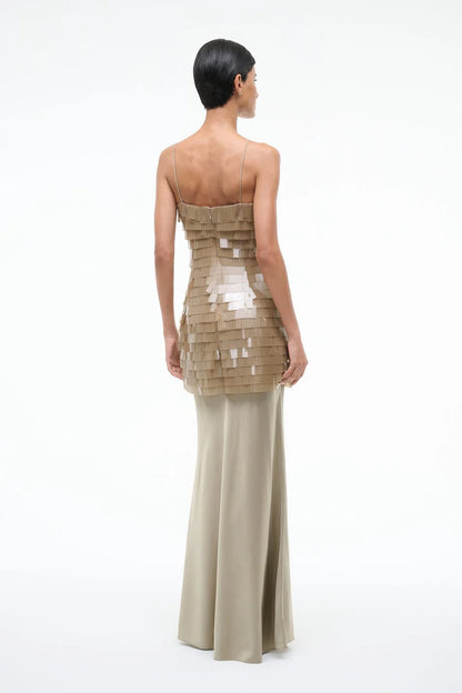 Elegant Taupe Tiered Fringe Maxi Dress with Satin Skirt, Evening Dresses