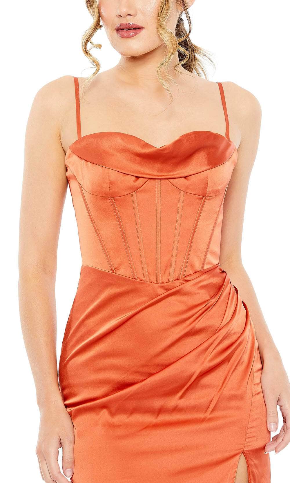 Elegant Terracotta Satin Spaghetti Strap with Corset Bodice and High Slit Evening Dress