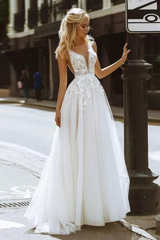 Elegant A-line V Neck Lace Beach Wedding Dresses Bridal Gown