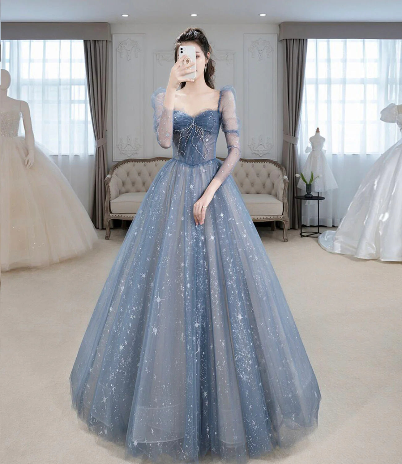 Enchanted Ball Gown Sweetheart Puff-Sleeve Beaded Bow Glitter Tulle Floor-Length Evening Dress