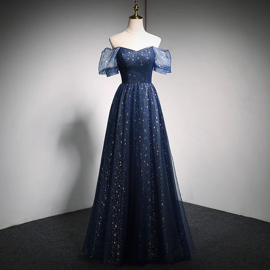 Enchanting Sparkle Tulle A-Line Sweetheart Puff-Sleeve Lace-Up Back Floor-Length Evening Dress