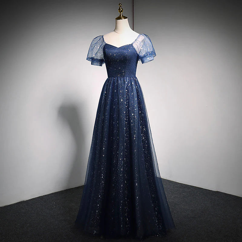Enchanting Sparkle Tulle A-Line Sweetheart Puff-Sleeve Lace-Up Back Floor-Length Evening Dress