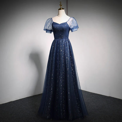 Enchanting Sparkle Tulle A-Line Sweetheart Puff-Sleeve Lace-Up Back Floor-Length Evening Dress