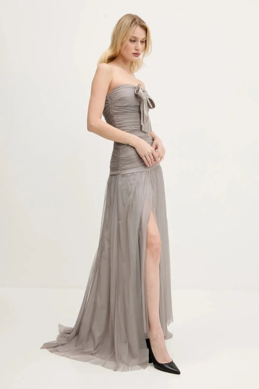 Ethereal Dove Grey Strapless Ruched Prom Dress