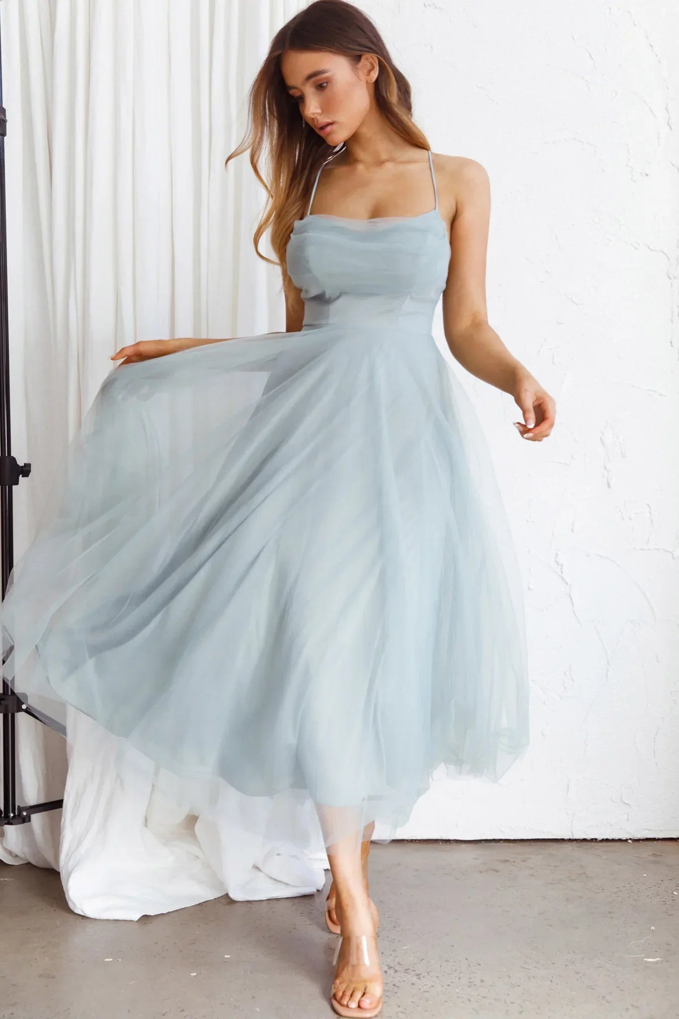 Ethereal Flared Cowl Neck Spaghetti Strap Tulle Midi Evening Dress