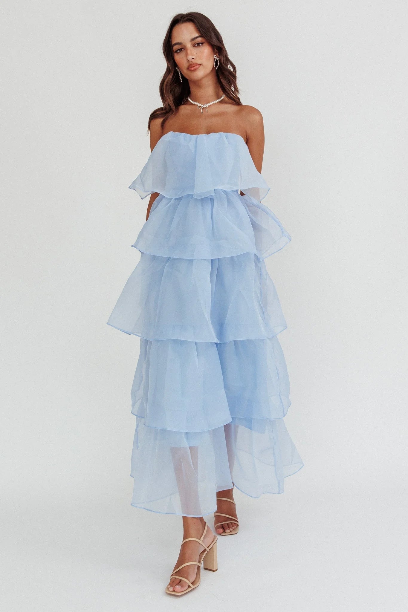 Ethereal Flared Strapless Tiered Organza Maxi Evening Dress