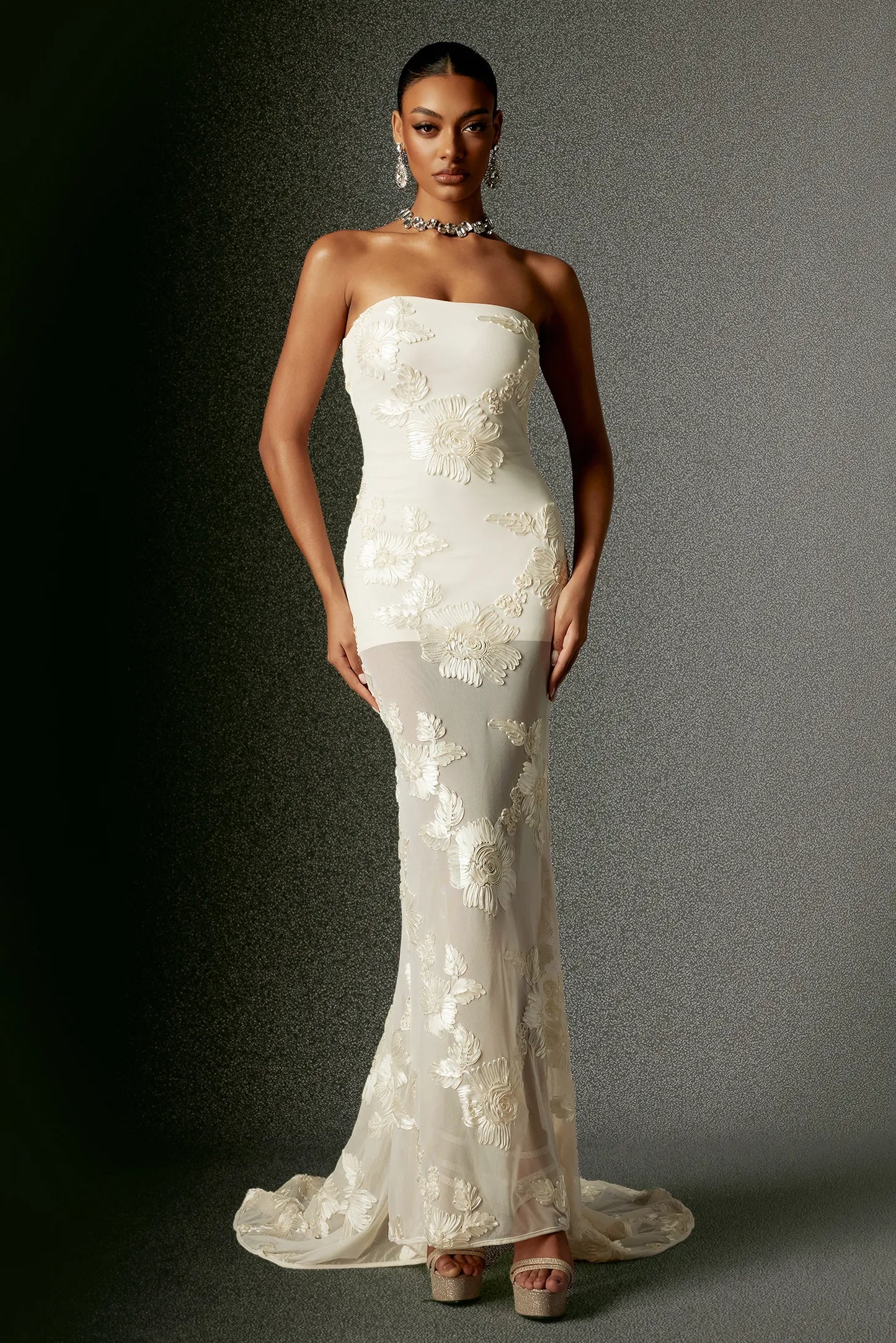 Ethereal Ivory Strapless with 3D Floral Applique and Sheer Mermaid Train Evening Dress