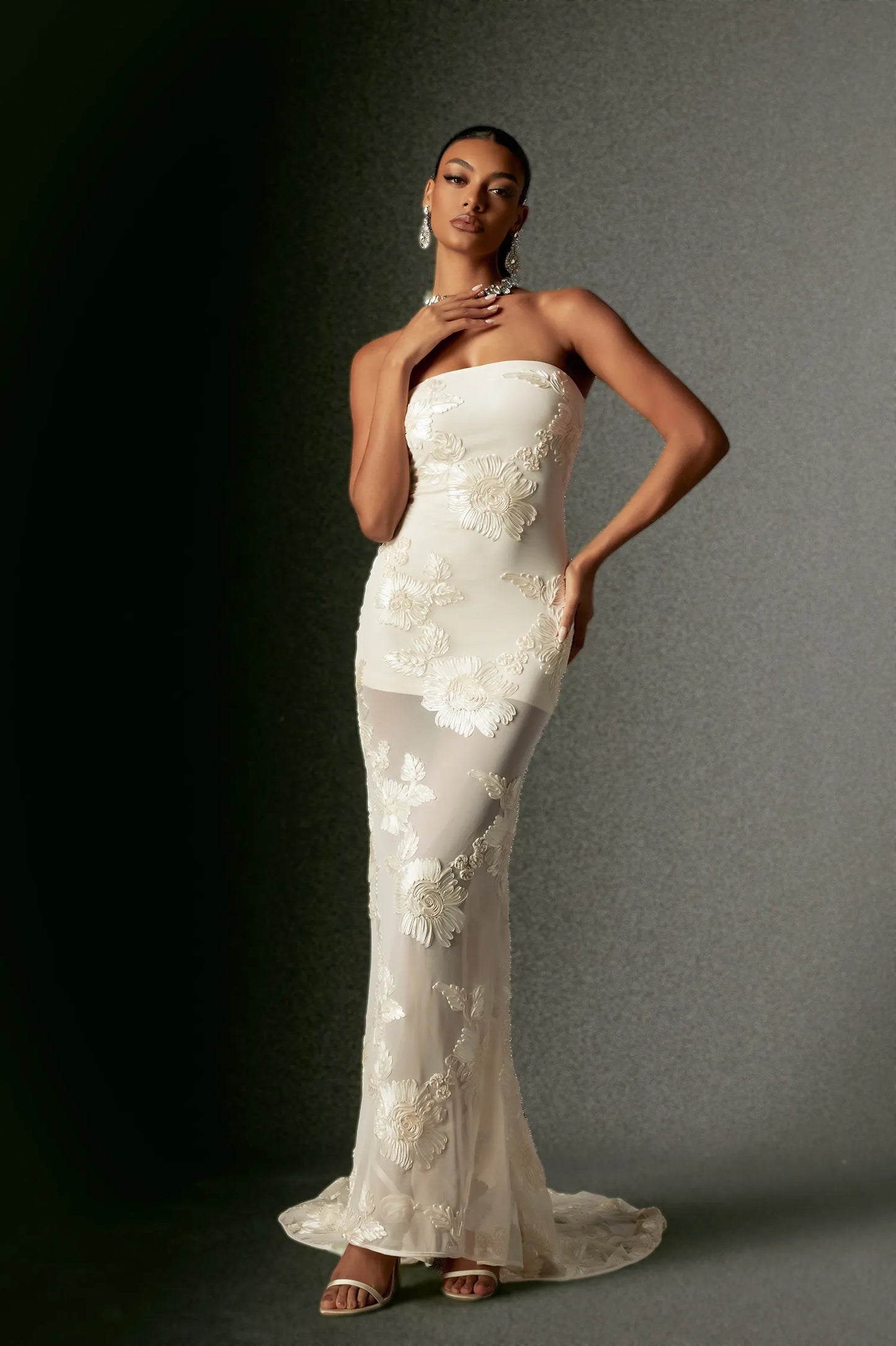 Ethereal Ivory Strapless with 3D Floral Applique and Sheer Mermaid Train Evening Dress