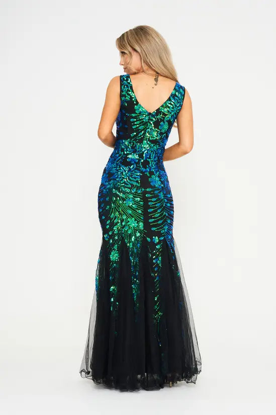 Ethereal Peacock Sequin Strapless Mermaid Gown with Tulle Train, Evening Dresses