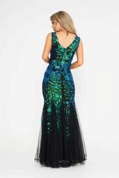 Ethereal Peacock Sequin Strapless Mermaid Gown with Tulle Train, Evening Dresses
