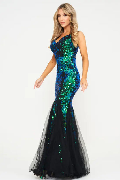 Ethereal Peacock Sequin Strapless Mermaid Gown with Tulle Train, Evening Dresses