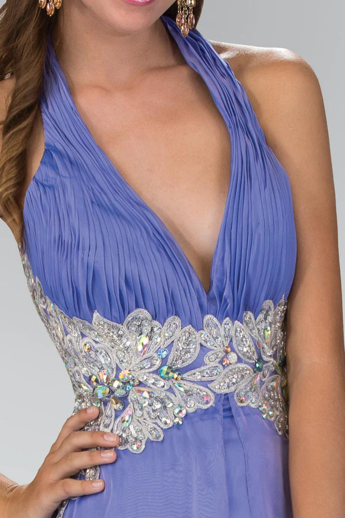 Ethereal Periwinkle Halter with Crystal Embellished Waist, Plunge V-Neck and Flowy A-Line Evening Dress