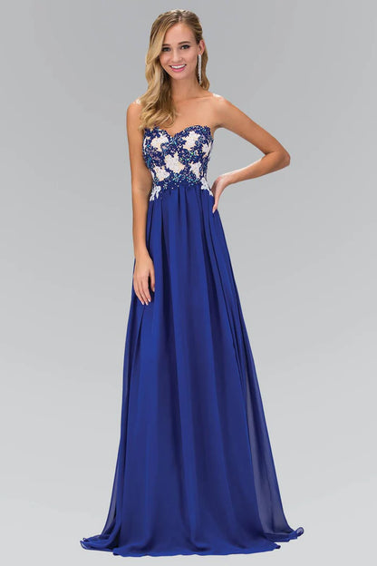 Ethereal Royal Blue Strapless with Beaded Lace Applique Bodice and Flowy A-Line Evening Dress