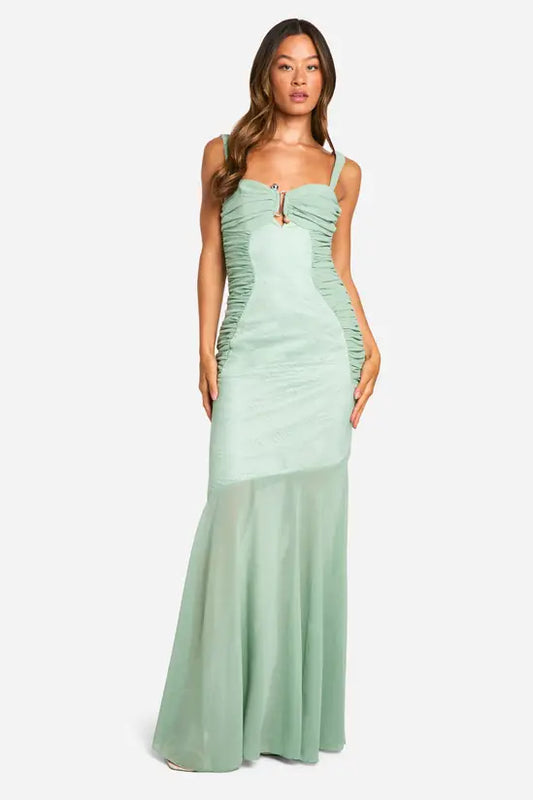 Ethereal Sage Green Ruched Maxi Dress with Sweetheart Neckline, Evening Dresses