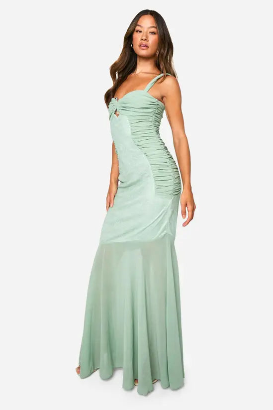 Ethereal Sage Green Ruched Maxi Dress with Sweetheart Neckline, Evening Dresses