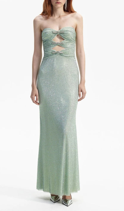 Ethereal Sage Green Strapless Maxi Dress with Crystal Embellishment and Cutout Detail, Evening Dresses