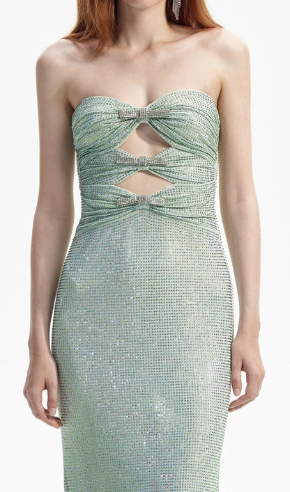 Ethereal Sage Green Strapless Maxi Dress with Crystal Embellishment and Cutout Detail, Evening Dresses