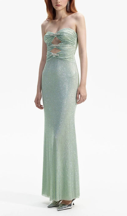 Ethereal Sage Green Strapless Maxi Dress with Crystal Embellishment and Cutout Detail, Evening Dresses