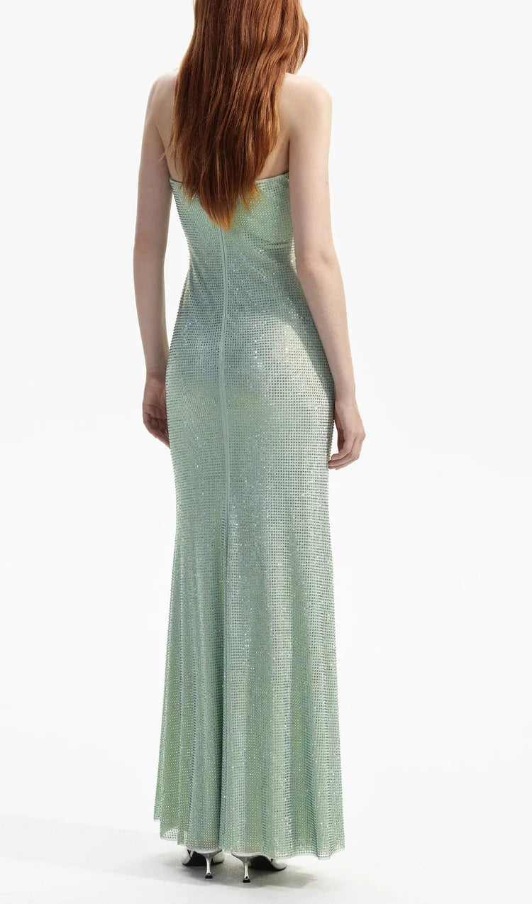 Ethereal Sage Green Strapless Maxi Dress with Crystal Embellishment and Cutout Detail, Evening Dresses