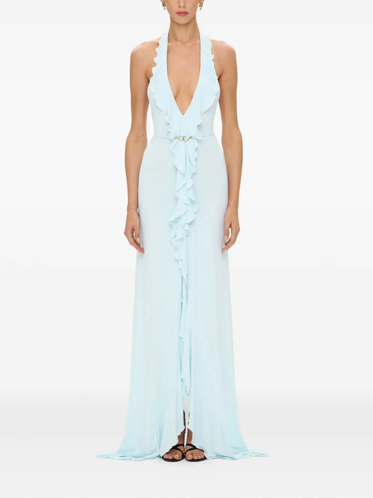 Ethereal Sky Blue Halter-Neck Ruffled Prom Dress