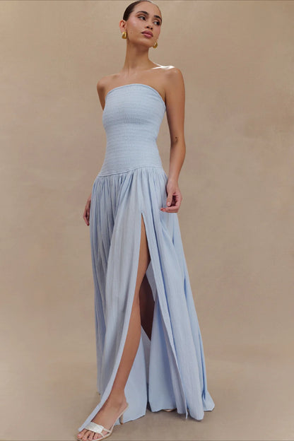 Ethereal Sky Blue Strapless Smocked Gown with Double High Slits: Evening Dresses