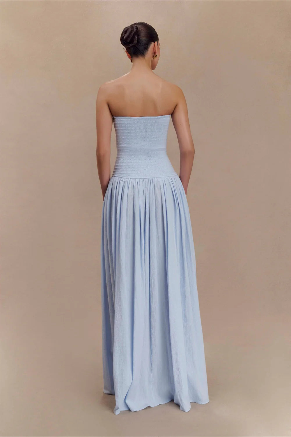 Ethereal Sky Blue Strapless Smocked Gown with Double High Slits: Evening Dresses