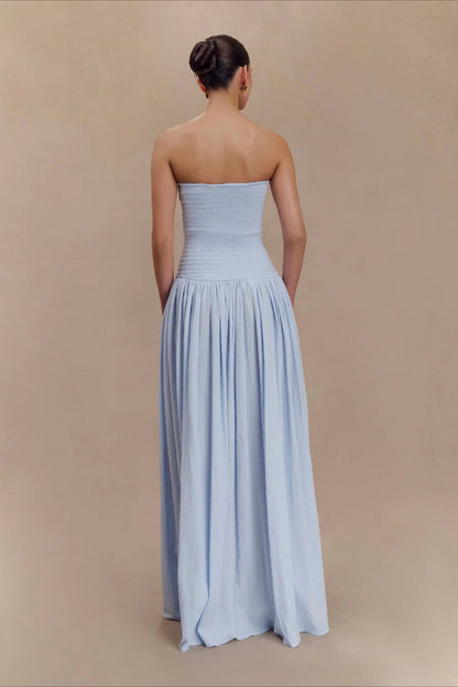 Ethereal Sky Blue Strapless Smocked Gown with Double High Slits: Evening Dresses