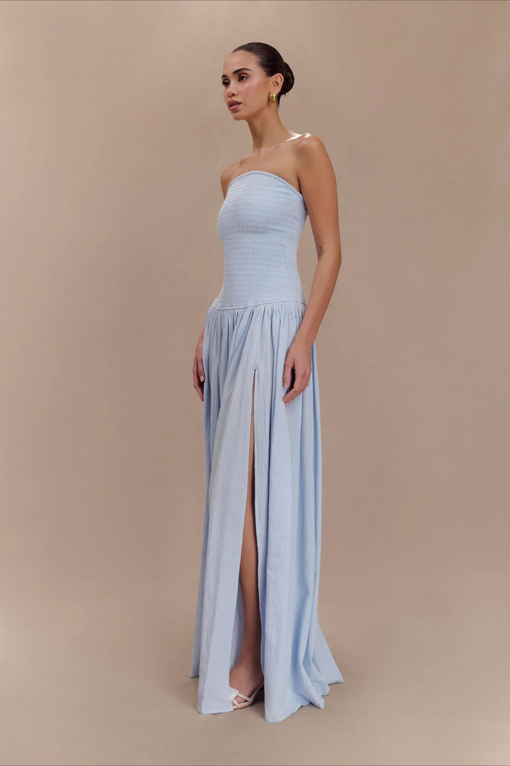 Ethereal Sky Blue Strapless Smocked Gown with Double High Slits: Evening Dresses