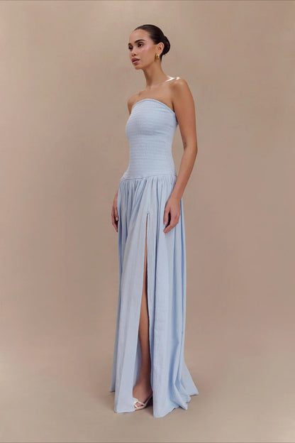 Ethereal Sky Blue Strapless Smocked Gown with Double High Slits: Evening Dresses