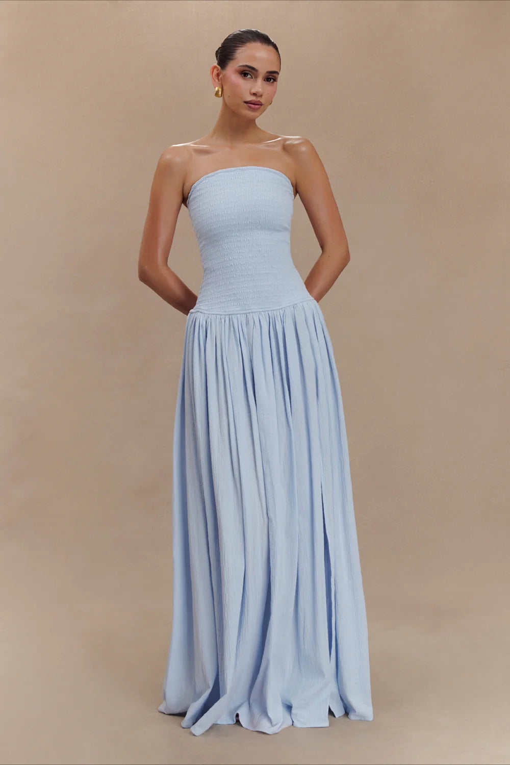 Ethereal Sky Blue Strapless Smocked Gown with Double High Slits: Evening Dresses