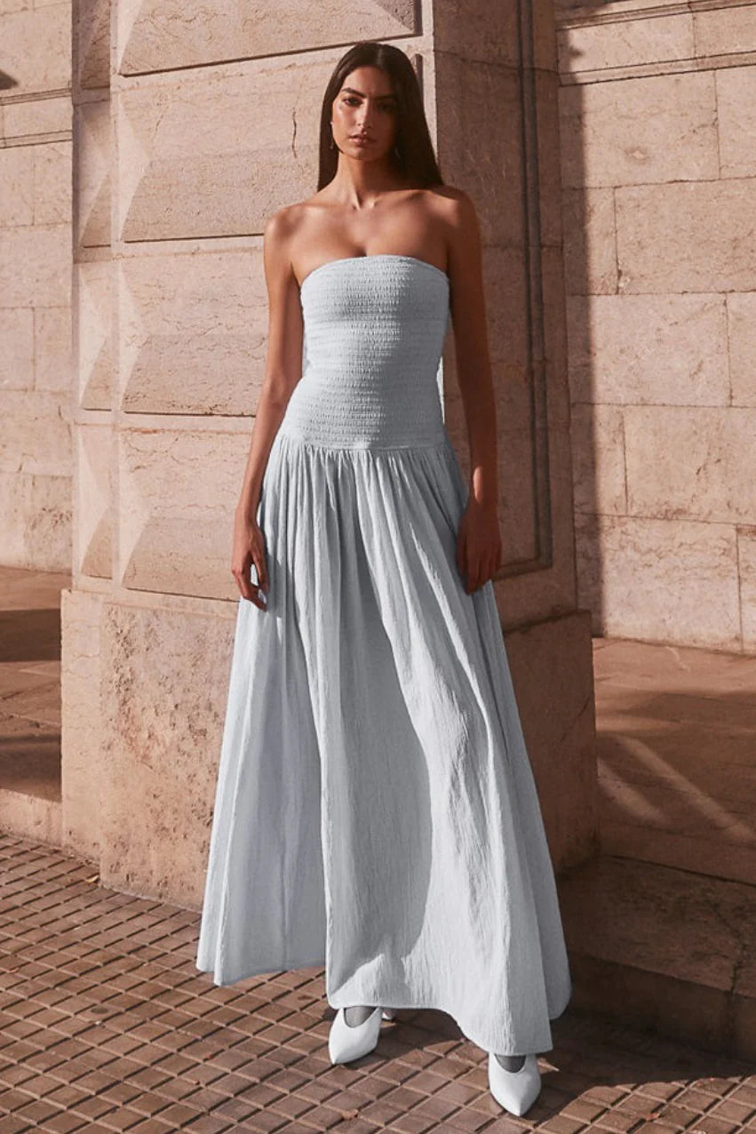Ethereal Sky Blue Strapless Smocked Gown with Double High Slits: Evening Dresses