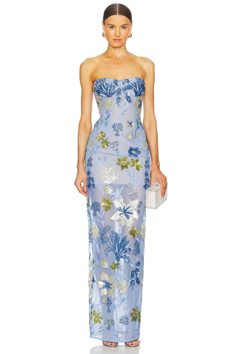 Ethereal Strapless Floral Embellished Evening Dresses