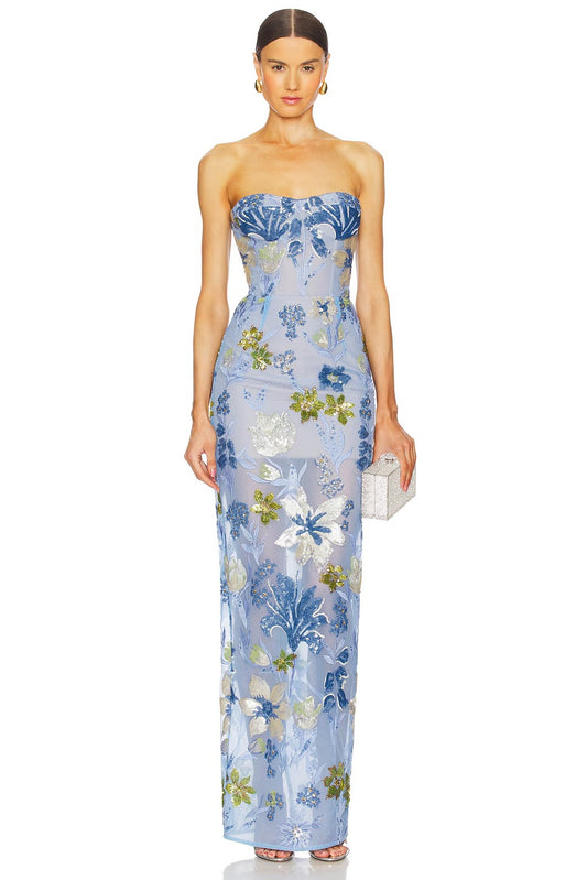 Ethereal Strapless Floral Embellished Evening Dresses