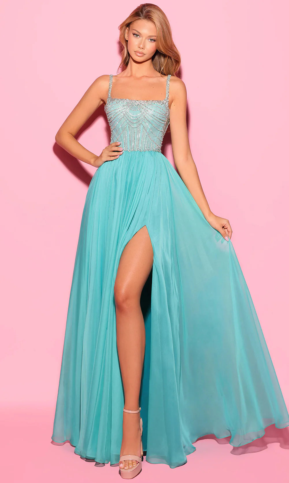 Ethereal Turquoise Chiffon Spaghetti Strap Rhinestone Mesh Bodice A-Line High Slit Evening Dress