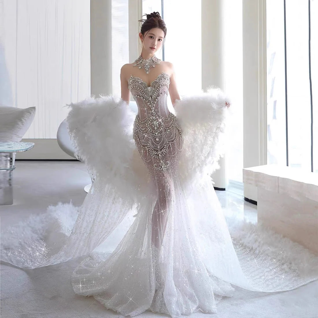 Ethereal White Strapless Sweetheart All-Over Rhinestone Embellished Mermaid Train Wedding Dress with Feather Cape