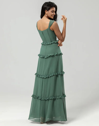 A Line Off the Shoulder V-Neck Eucalyptus Long Bridesmaid Dress