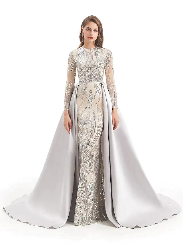 Ball Gown Luxurious Sparkle Prom Formal Evening Dress Jewel Neck Long Sleeve Detachable Sequined with Overskirt Pattern Print Appliques