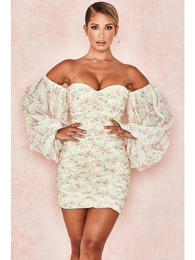 Sexy Floral Party Wear Cocktail Party Dress Off Shoulder Long Sleeve Short Mini Spandex with Ruched Pattern Print