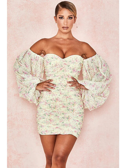 Sexy Floral Party Wear Cocktail Party Dress Off Shoulder Long Sleeve Short Mini Spandex with Ruched Pattern Print