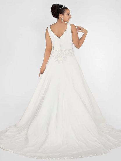 A-Line Wedding Dresses Square Neck Chapel Train Chiffon Sleeveless with Beading Draping Appliques