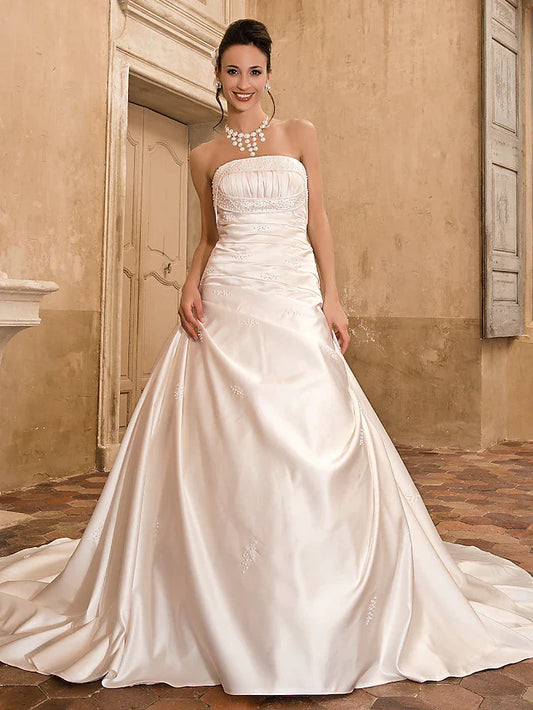 Princess A-Line Wedding Dresses Strapless Chapel Train Satin Sleeveless