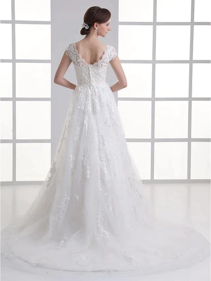 A-Line Wedding Dresses Sweetheart Neckline Court Train Lace Satin Tulle Cap Sleeve with Beading Appliques