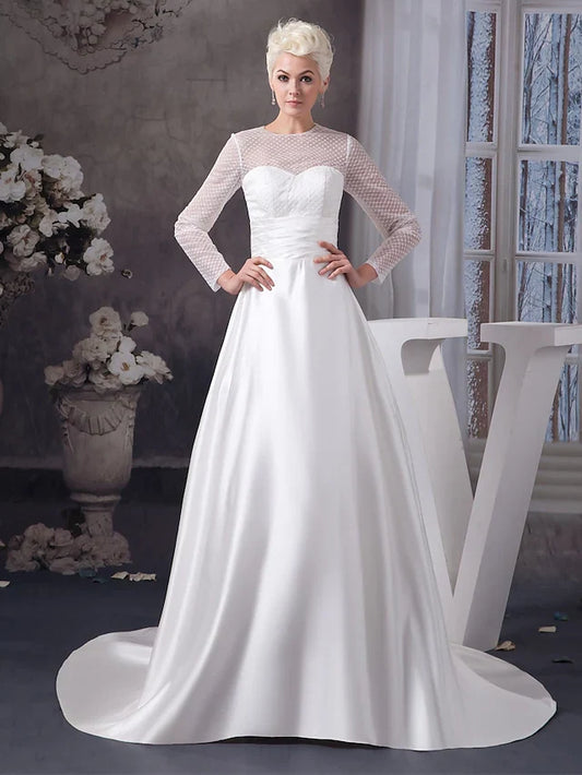 A-Line Wedding Dresses Jewel Neck Court Train Satin Tulle Length Sleeve Illusion Sleeve with Ruched