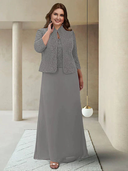 Mother of the Bride Dress Plus Size Elegant Jewel Neck Ankle Length Chiffon Lace 3/4 Length Sleeve with Appliques