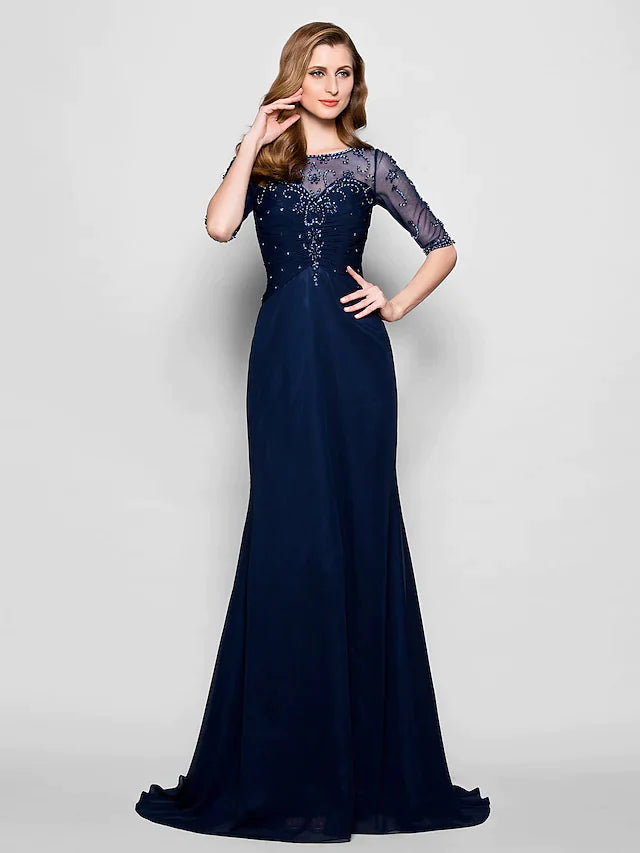 A-Line Mother of the Bride Dress See Through Jewel Neck Chiffon Tulle Half Sleeve with Ruched Crystals Beading