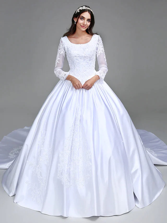 Ball Gown Wedding Dresses Scoop Neck Satin Long Sleeve Simple Vintage See-Through with Beading Appliques