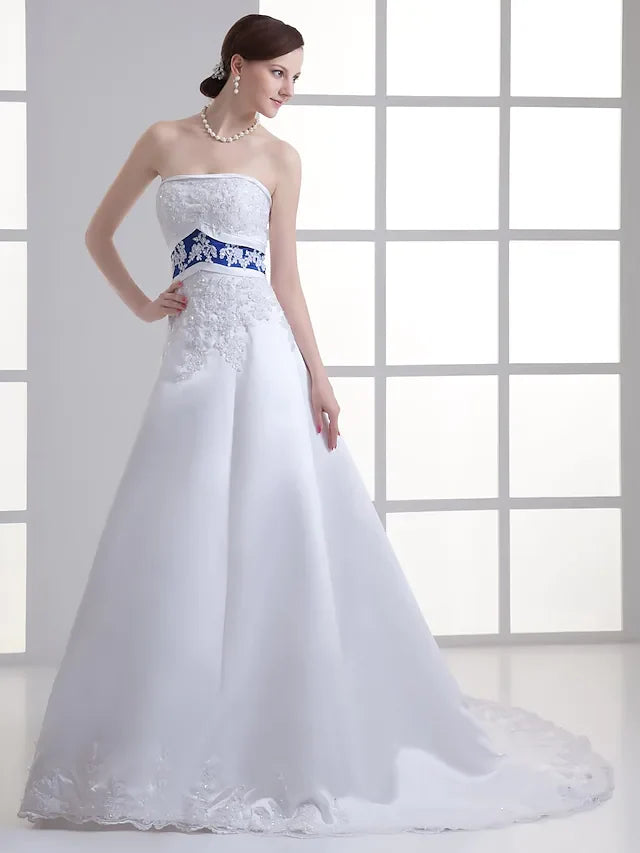 A-Line Wedding Dresses Strapless Court Train Organza Satin Strapless with Pick Up Skirt Ruched Beading